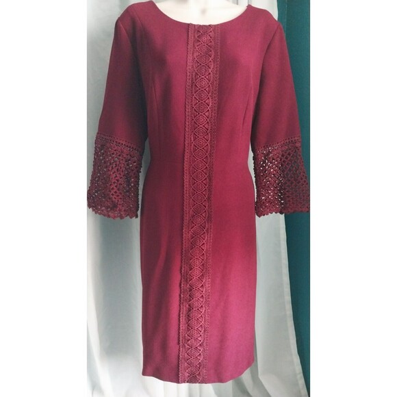 NWT Karl Lagerfeld Lace Embroidered Dres 10 Burgundy Knee Length 3/4 Sleeve - Picture 3 of 7